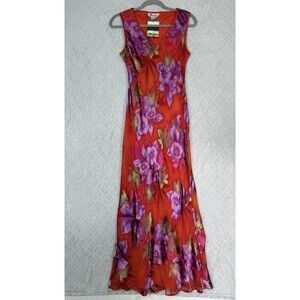 Monsoon Silk Blend Slip Dress US 8 UK 10 Pink Red Floral Maxi Bias Cut Romantic